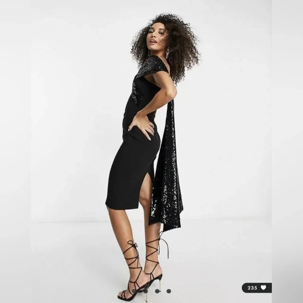 💘 Lavish Alice statement sequin bow midi dress in black - Picture 3 of 9